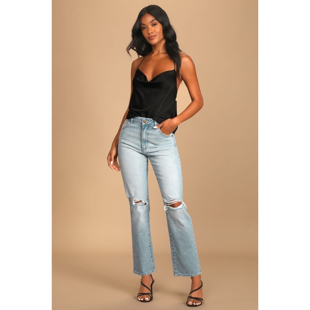Original Straight Faded Light Wash Distressed High Rise Jeans